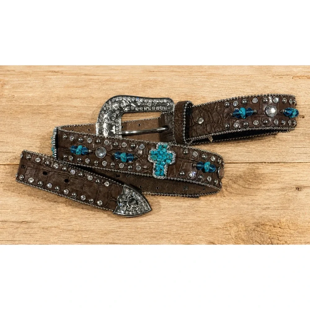 NOCONA - Women's Brown Leather Turquoise Cross Rhinestone Western Belt - Large